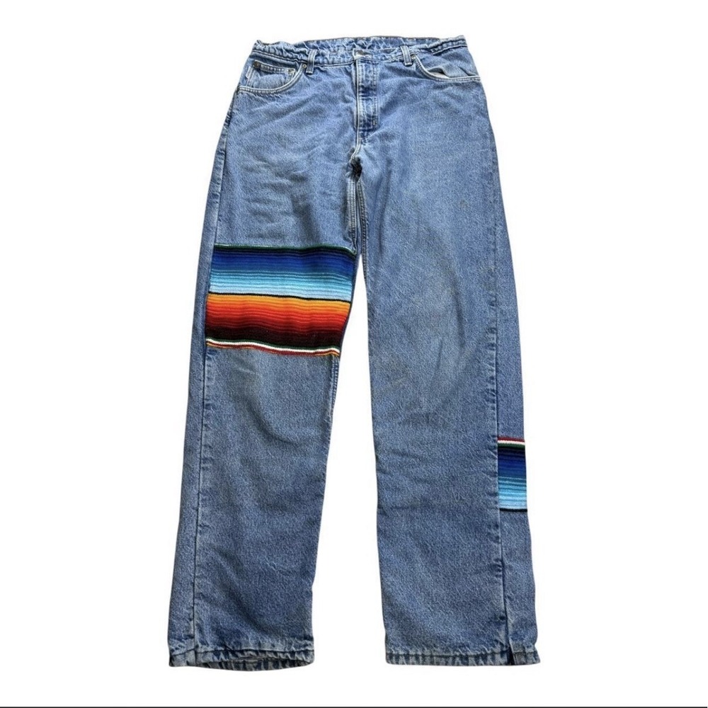 Vintage Carhartt Denim Jeans Mexican Blanket Stripe Carpenter Workwear Size 34